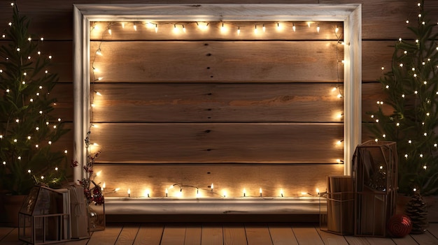 Photo display christmas lights on wood