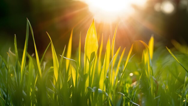 Display Close up macro of grass and sun in spring summer background