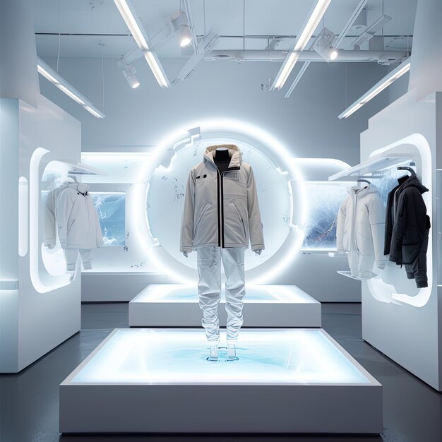 a display of clothing including a man in a white suit and jacket