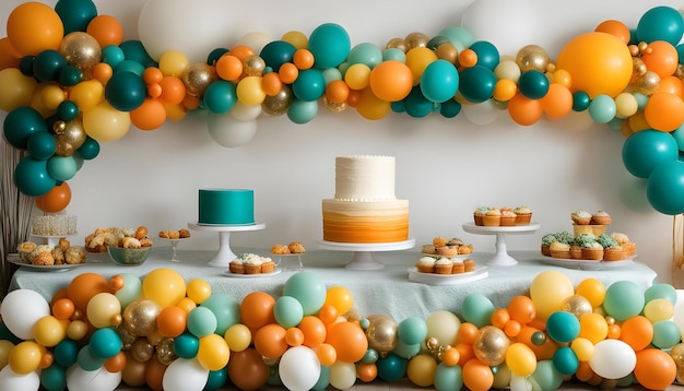 a display of colorful candies and a cake with a colorful display of different colors