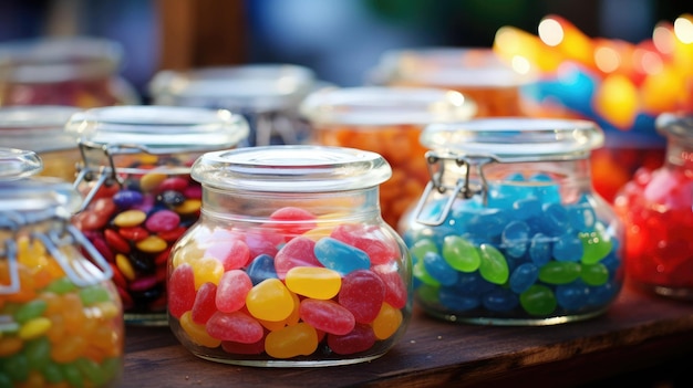 A display of colorful candy in a jar.