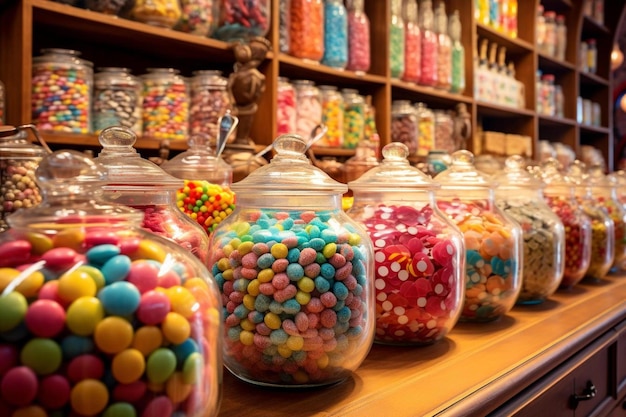 A display of colorful candy on a store shelf.