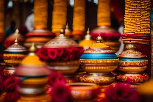 Photo a display of colorful lamps with a gold rope and a red flower