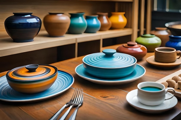 Foto un display di ceramiche colorate e ceramiche su uno scaffale di legno.