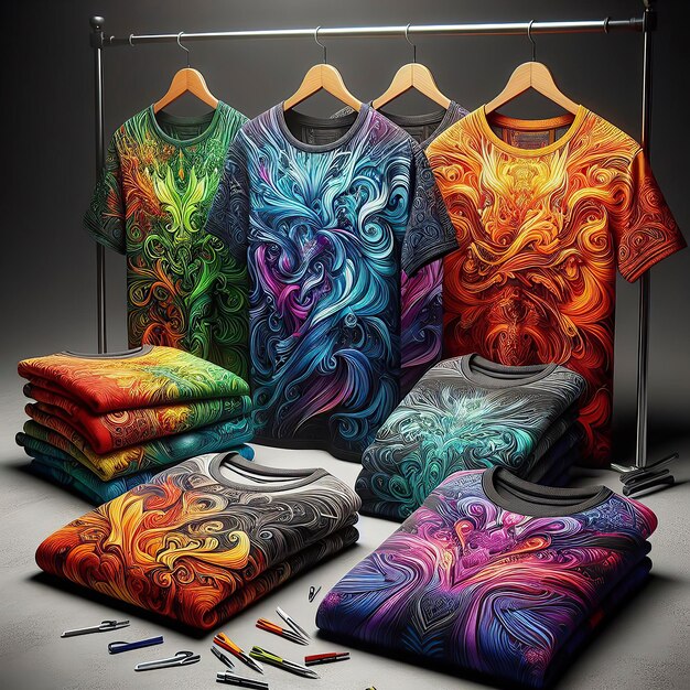 Photo a display of colorful shirts with the word  art  on them