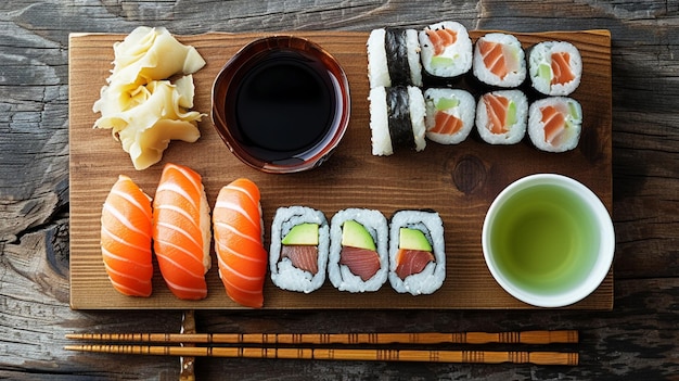 Display a complete sushi dining set including sushi on a wooden platter soy sauce in a small dish pickled ginger wasabi chopsticks and a cup of green tea creating a full dining experience scene