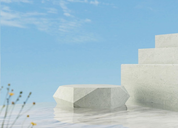 Display of concrete stones placed on water to show products with a blurry sky in the background