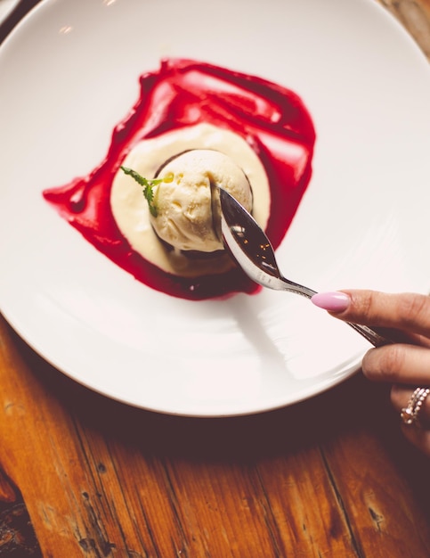 Display of different flavors of ice cream in different settings ice cream concept photo