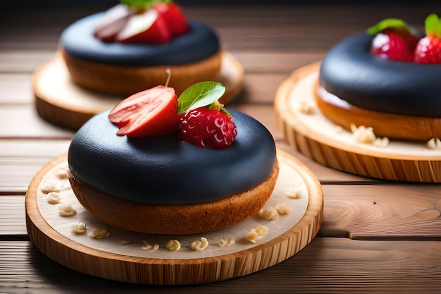 A display of donuts with fruit on top