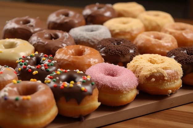 A display of doughnuts with different flavors on them.