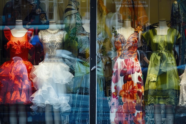 A display of dresses in a store window