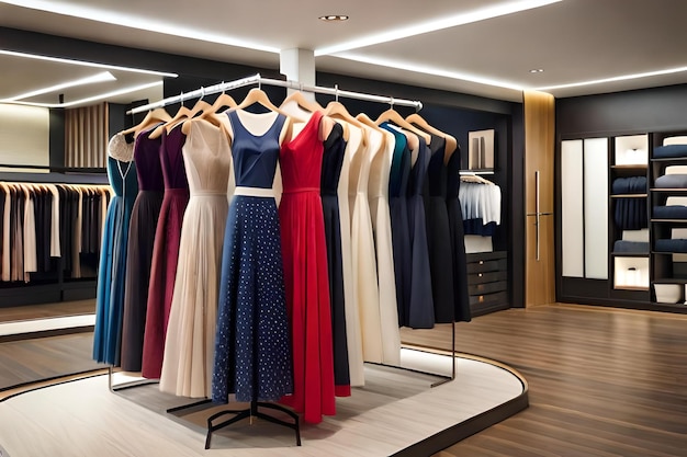 A display of dresses in a store with a picture of a dress on the wall.