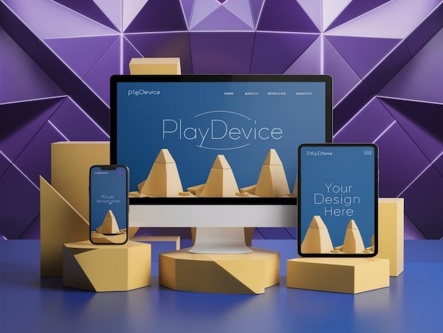 Photo a display of electronic devices with a purple background and a screen that says play your device