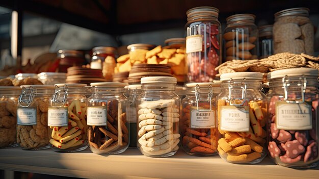 a display featuring a variety of bundled dog biscuits ready for sale and highlighting their deliciousness