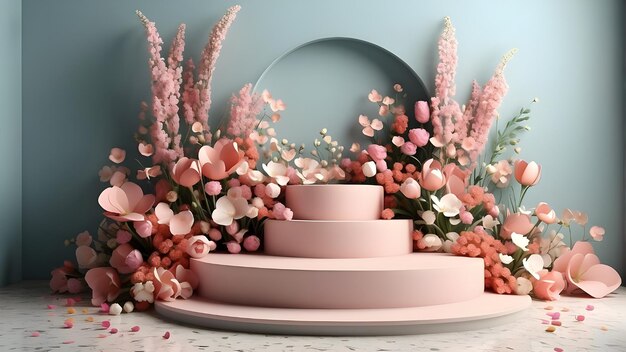 выставка цветов и подиум с розовой и белой вазой с цветами на ней