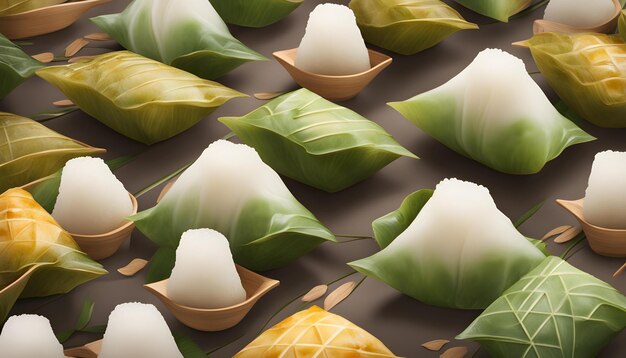 Photo a display of food that includes rice and banana leaves