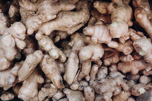 Display of fresh ginger root at the market