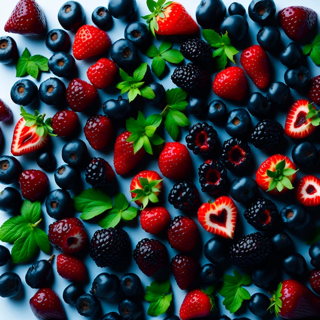 A display of fruit including blackberries, blackberries, and blueberries.