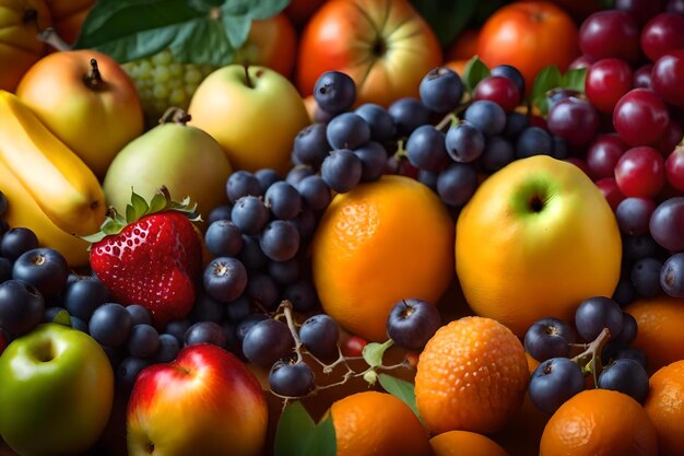 A display of fruit including a strawberry, apples, and oranges