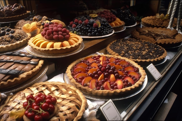 Display of fruit pies and tarts in bakery window enticing passersby created with generative ai