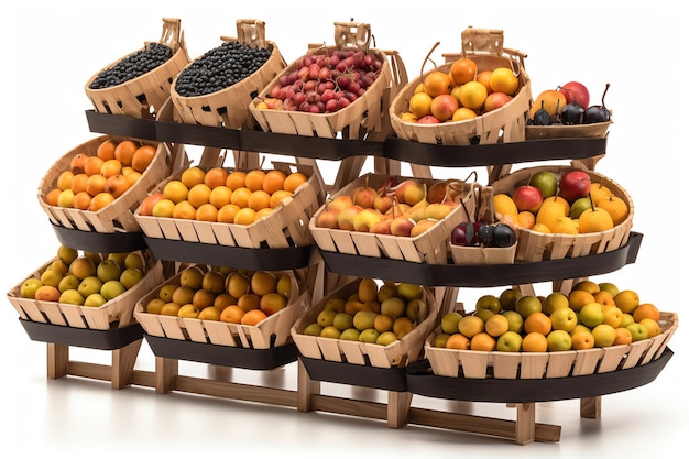 A display of fruits in baskets racks