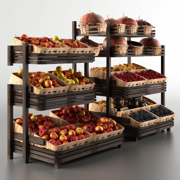 A display of fruits in baskets racks