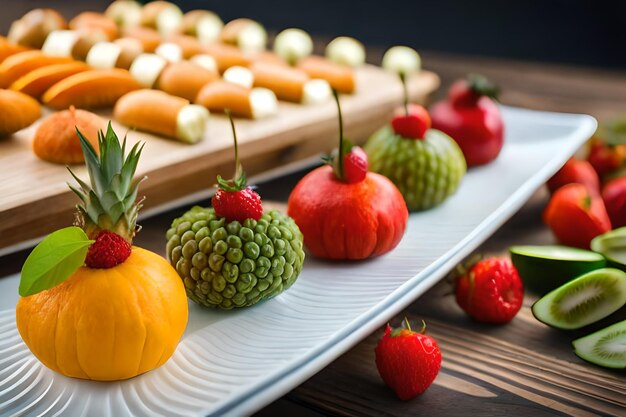 A display of fruits including strawberries, oranges, and other fruits