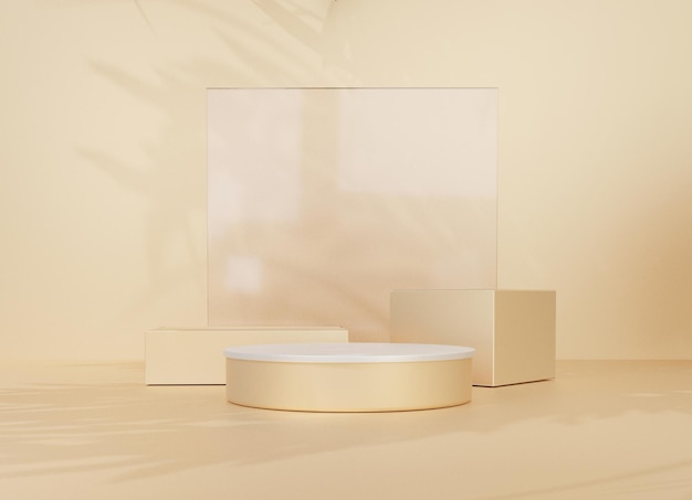 金の3D背景を影で表示します葉の表彰台の幾何学的形状の円、1つのフロアに台座湾曲した壁作曲製品のプレゼンテーション化粧品、レンダリングのためのプラットフォーム