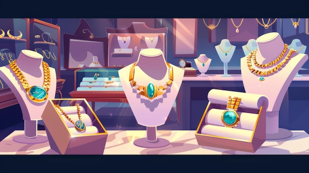 Photo display of gold necklaces on mannequins diamond rings a wristwatch in a box and earrings modern illustration of a jewellery shop showcase with golden jewellery on marble pedestals