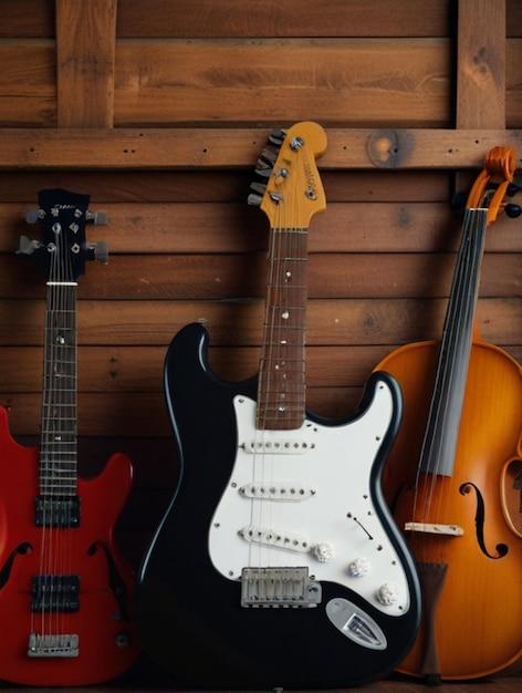 a display of guitars with a wall of guitars in the background