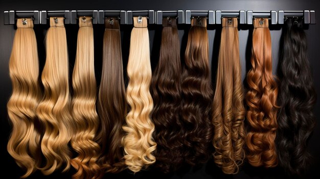 Photo a display of hair extensions in various colors and lengths
