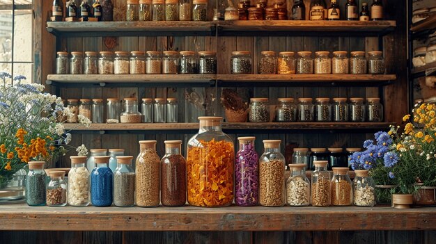 display of herbal teas and in an abstract representation