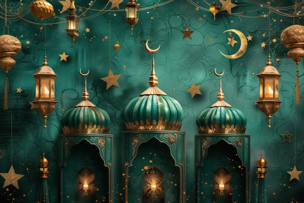 ターコイズ色の背景に複雑なランタンと天体のモチーフを備えたイスラム建築の展示