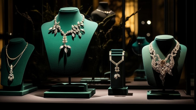 a display of jewelry and earrings with a necklace on it.