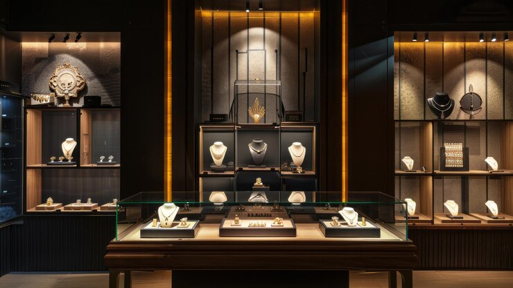 Photo 黒い背景の店の宝石の展示