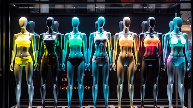 Photo a display of mannequins in a store window with rainbow colorsgenerative ai