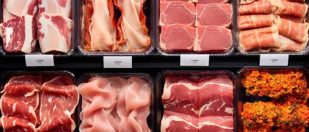 A display of meat in plastic containers in a store