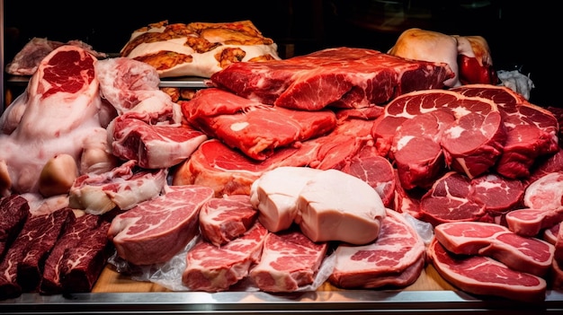 A display of meats and meats in a store.