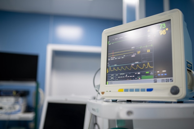 Display of medical equipment showing body condition data of patient during operation such as pulse, pressure, heart beat rhythm and other