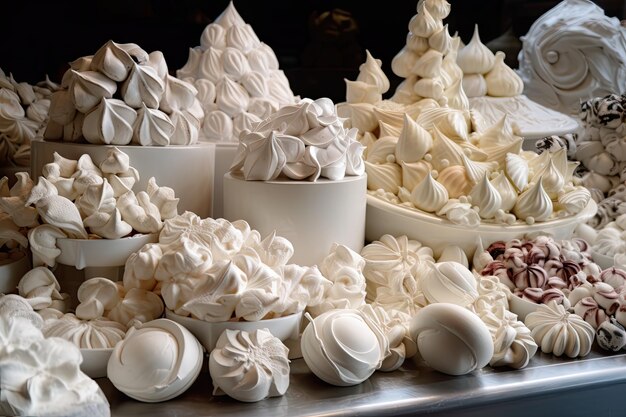 Display of meringues in a variety of shapes and sizes created with generative ai