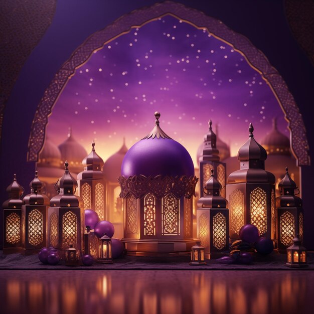 Photo a display of a mosque with a purple background with a purple dome