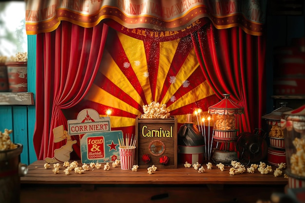 a display of a movie with a red curtain and a black bag of popcorn