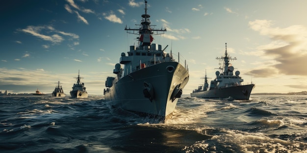 Foto in una dimostrazione di potenza navale una flotta di navi naviga insieme verso rive lontane la loro presenza