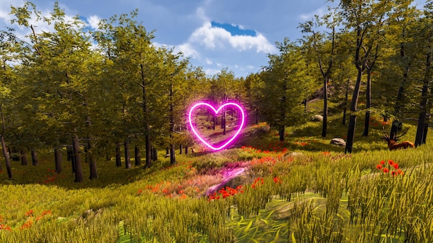 Display of a neon heart in a virtual forest a computer designed landscape 3d render