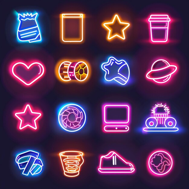 a display of neon lights with a box of things on it