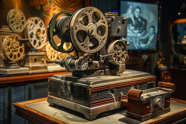 Display an oldfashioned film projector with reels generative ai