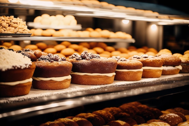 A display of pastries in a bakery