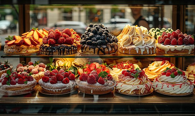 Foto un'esposizione di pasticcini che include una varietà di dessert