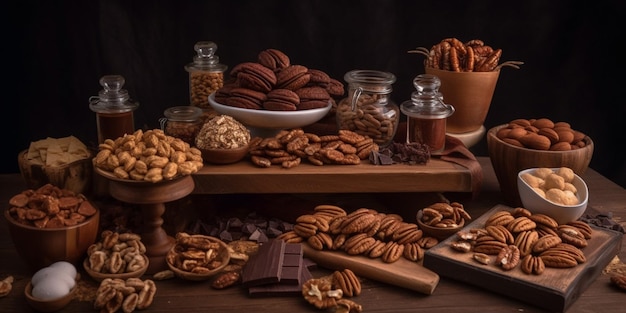 A display of pecan and chocolate bars with chocolate on the table