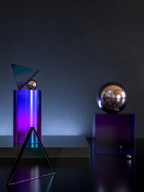 Display pedestal with a dark background and a geometric glass crystal design